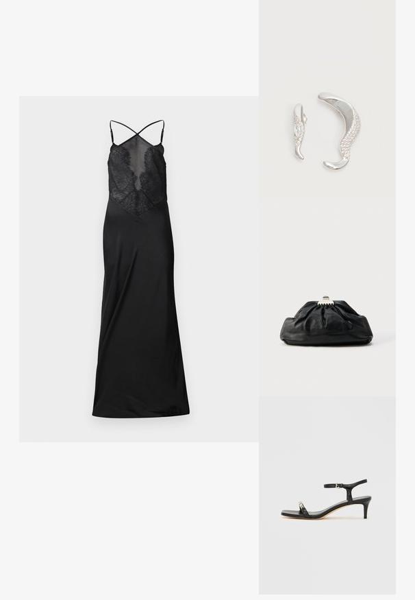 Schwarzes Satin-Kleid mit durchsichtigem Spitzenoberteil, das überkreuzte Träger und eine fließende Silhouette aufweist, entworfen für eine figurbetonte Passform.; Schwarze Leder-Sandale mit Absatz und Knöchelriemen, offenem Zehenbereich, quadratischer Vorderseite und silbernen Metallakzenten. Eng anliegendes Design mit schlanker Silhouette.; Schwarze Leder-Clutch mit geraffter Textur, Metallverschluss und dezentem, auf der Vorderseite geprägtem Logo. Abgerundete Form.; Zwei gebogene silberne Ohrringe, einer größer als der andere, beide mit kleinen funkelnden Kristallen entlang einer Kante verziert.