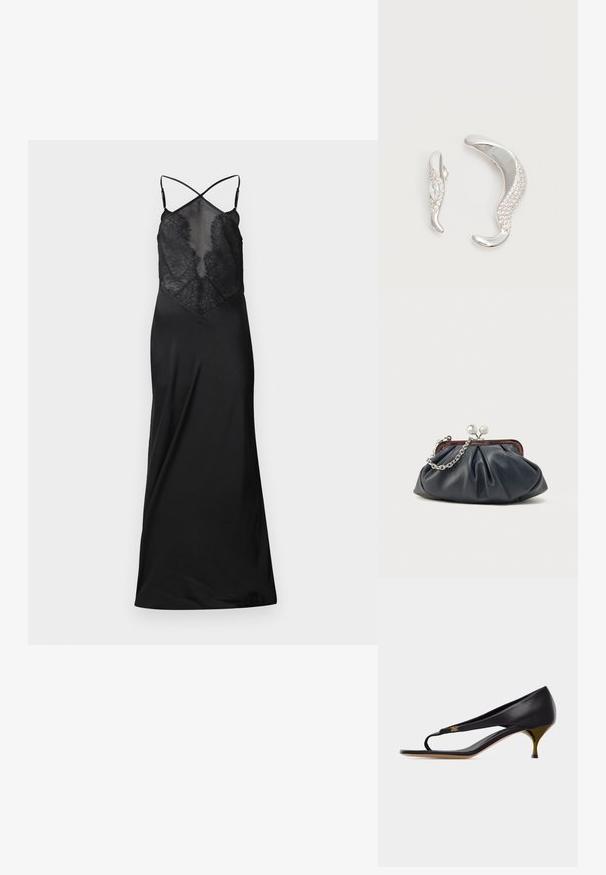 Sort satin kjole med en gennemsigtig blondeoverdel, der har krydsede stropper og en flydende silhuet, designet til et kropsnært look.; Sort læderkilesandal med tynd tårem og guldemblem-detalje på siden.; Marineblå læderclutch med opsamlet design, sølvkæde og lukning med knips. Glat tekstur med en diskret glans.; To buede sølvøreringe, en større end den anden, begge prydet med små funklende krystaller langs den ene kant.