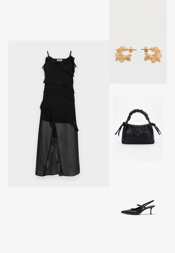 Vestido negro con capas con volantes, tirantes ajustables tipo spaghetti y una silueta fluida. Hecho de tela ligera con una superposición translúcida.; Zapatos de tacón slingback de cuero negro con punta afilada, correa ajustable delgada y un tacón de aguja de aproximadamente 5 cm, textura suave.; Bolso negro con textura de cocodrilo, borde superior fruncido, asa recogida y cordones con borlas en cada lado sobre un fondo blanco.; Pendientes de tono dorado con una forma abstracta y orgánica, que presentan una superficie texturizada y un cierre de poste trasero.