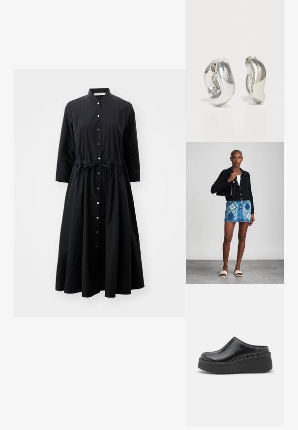 Schwarzes Langarmkleid aus Baumwolle mit durchgehender Knopfleiste, tailliertem Bund mit Gürtel und ausgestelltem Rock.; Schwarze, glänzende Plateauclogs mit runder Spitze, geschwungenem Oberteil und kontrastierendem weißen Stich entlang der Kante der Sohle.; Schwarze Strickjacke, weißes Oberteil, Jeansrock mit blauem und schwarzem Diamantenmuster, schwarze Handtasche und beige Rutschsandalen.; Silberne skulpturale Ohrringe mit glatten, geschwungenen Formen und reflektierenden Oberflächen. Sie verfügen über ein geschlossenes Ringdesign und eine ausgeprägte organische Form.