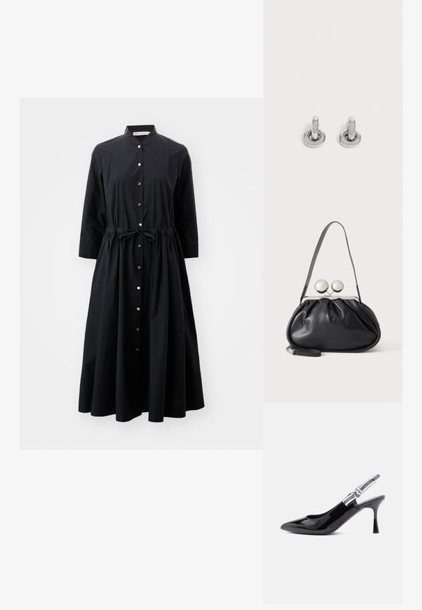Sort langærmet kjole lavet af bomuld, med knappelukning fortil, indsnet midje med bånd og en flared nederdel.; Sorte patenterede læder slingback stiletter med spids tå, moderat hæl, og en rem med fed hvid branding langs kanten.; Sort læderhåndtaske med opsamlet design, en enkelt rem, sølv metalramme og to store runde sølv lukninger.; Par små, skinnende sølv hoops med rund base, vist på en ensfarvet lys baggrund.
