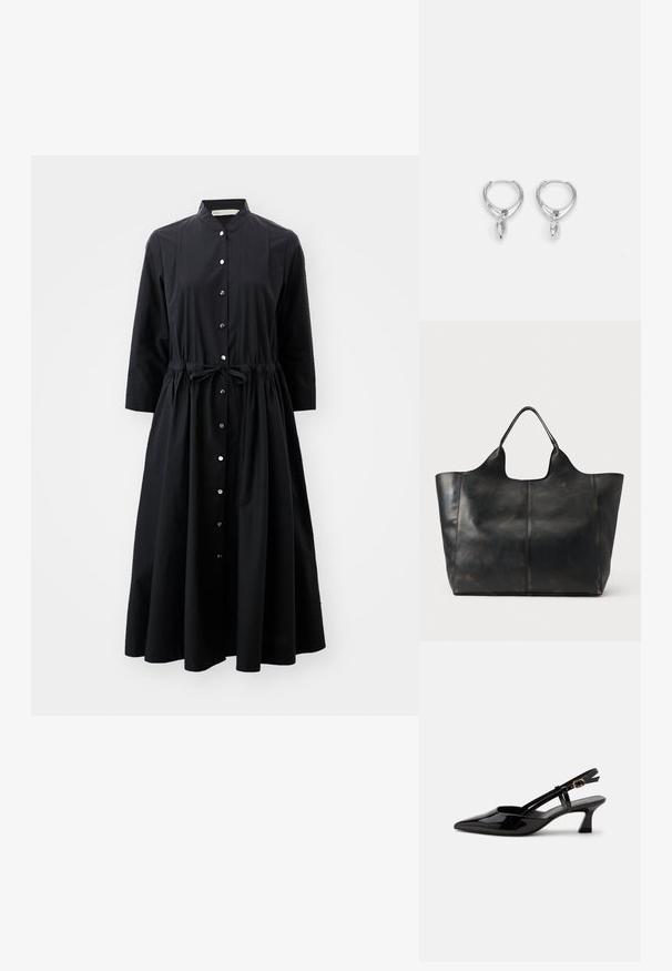 Schwarzes Langarmkleid aus Baumwolle mit durchgehender Knopfleiste, tailliertem Bund mit Gürtel und ausgestelltem Rock.; Schwarzer Slingback-Pumps aus Lackleder mit spitzer Spitze und verstellbarem goldfarbenem Riemen auf weißem Hintergrund.; Schwarze Ledertasche mit glatter Textur, weitem Öffnung und zwei kurzen Griffen, mit minimalen Nähten und einfachem Design.; Silberne Creolen mit einem glatten, abgerundeten Design und einem spitz zulaufenden Anhänger. Die Oberfläche ist glänzend und reflektierend, was eine elegante Schlichtheit betont.