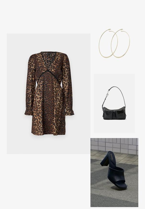 Leopardprint jurk in bruin en zwart. Heeft een V-hals, geplooide details bij de taille, lange mouwen en gerimpelde manchetten. Satijnachtige textuur.; Zwarte hoge hak slidesandaal met een brede band, vierkante neus en ALDO-logo op de gevoerde binnenzool, tegen een achtergrond van een gestructureerde bestrating.; Zwarte leren schoudertas met verstelbare band en twee grote voorvakjes met rits op een effen lichte achtergrond.; Pilgrim Oorbellen - gold-coloured
