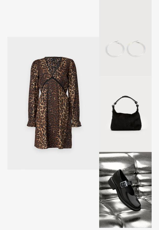 Leopardprint jurk in bruin en zwart. Heeft een V-hals, geplooide details bij de taille, lange mouwen en gerimpelde manchetten. Satijnachtige textuur.; Zwarte leren Mary Jane-schoenen met een vierkante neus, een zilveren gesp accent en een chunky lage hak, tegen een glanzende zilveren achtergrond.; Zwarte neplederen handtas met een zachte textuur, ronde vorm en een stevige zwartleren schouderband. Zilveren hardwareaccenten zichtbaar.; Een paar glanzende zilveren oorringen met dunne draadafsluitingen, getoond op een lichtgrijze achtergrond.