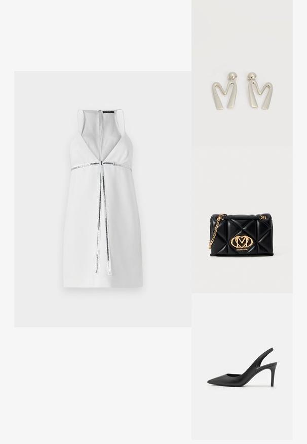 Vestido blanco sin mangas con un escote en V profundo, detalle de cremallera plateada y un acento de franjas horizontales texturizadas en la cintura. Acabado de tejido suave.; Zapatos de tacón alto de cuero negro con diseño de punta afilada, que presentan un corte en la parte delantera y un delgado tacón de aguja.; Bolso de mano negro acolchado con cadena dorada. Presenta detalles del logo dorado en la parte frontal. Fabricado en material sintético con forma rectangular.; Par de pendientes de metal plateado con forma de letra M angular y postes redondeados sobre un fondo blanco.