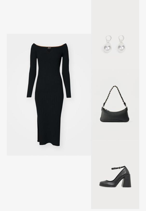 Robe en tricot côtelé noire avec décolleté bardot, manches longues et fente sur le côté. Elle présente une découpe en forme de trou de serrure et un accent orange au col.; Chaussure à talon haut en cuir noir avec un bout arrondi et un talon épais en bloc, avec une bride de cheville réglable et une petite boucle ronde.; Sac à bandoulière en cuir noir de forme rectangulaire incurvée, avec une chaîne dorée tissée dans la bandoulière noire tressée et une fermeture éclair sur le dessus.; Boucles d'oreilles en argent en forme de goutte avec des surfaces lisses, rondes et réfléchissantes, suspendues à des fermoirs à ressort. L'arrière-plan est blanc uni.