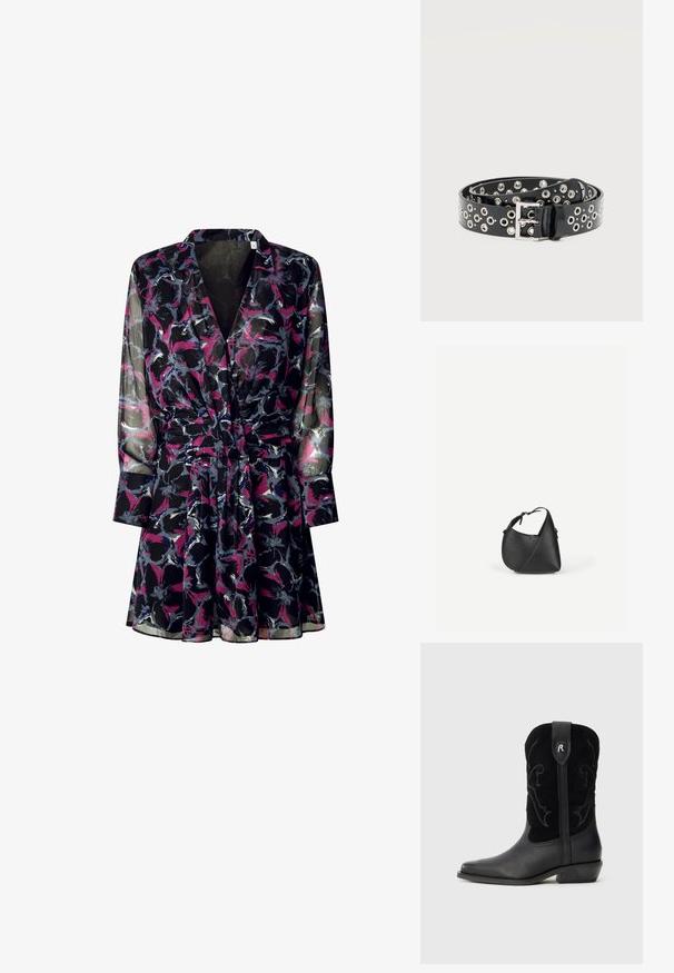 Zwarte transparante jurk met een bloemenpatroon in paars, roze en grijs. Heeft lange mouwen, een getailleerde taille en een kraag.; Zwarte leren cowboylaarzen met een spitse neus, suède accenten, decoratieve stiksels en een lage gestapelde hak. Bevat een logo aan de achterkant.; Zwarte lederen schoudertas met een afgeronde driehoekige vorm en verstelbare riem op een effen lichte achtergrond.; Zwarte leren riem met meerdere zilveren metalen oogjes en een rechthoekige zilveren gesp, opgerold op een effen lichte achtergrond.