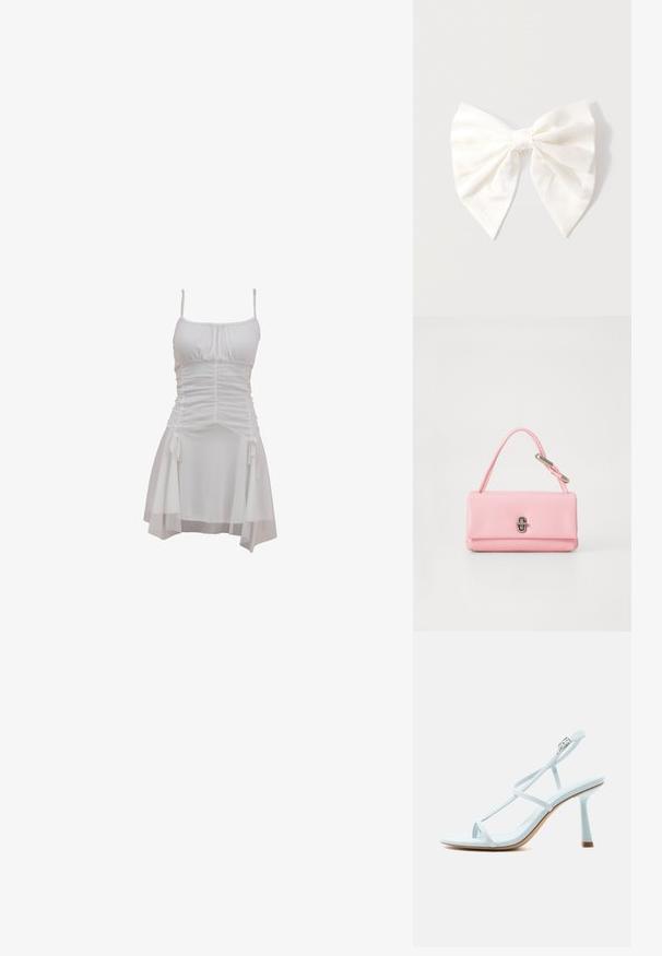 Vestido blanco con tirantes ajustables tipo spaghetti, cuerpo fruncido y falda fluida con lazos laterales y dobladillo en capas.; Sandalia de tacón alto en azul celeste con correas, hebilla en el tobillo y tacón delgado y acampanado sobre un fondo liso.; Bolso de mano de cuero rosa con una forma rectangular estructurada, un único asa corta y un detalle de cierre en tono plateado en la parte delantera.; Lazo para el cabello de tela color crema con un pequeño charm de corona plateada en el nudo, exhibido sobre un fondo gris claro.