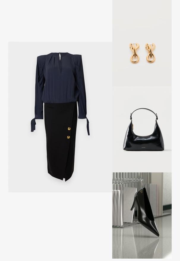 Marineblouse met pofmouwen en een keyhole-halslijn, gecombineerd met een zwarte kokerrok met gouden knoopaccenten aan de zijkant.; Zwart hooggehakt schoen met puntige neus en gouden logo, geplaatst op een reflecterend oppervlak naast een verchroomde draadordner met documenten.; Zwarte glanzende Calvin Klein handtas met gouden rits en korte band tegen een effen witte achtergrond.; Een paar glanzende oorringen in goudkleur met een lusvormige, gedraaide en verstrengelde ontwerp, afgebeeld op een eenvoudige witte achtergrond.