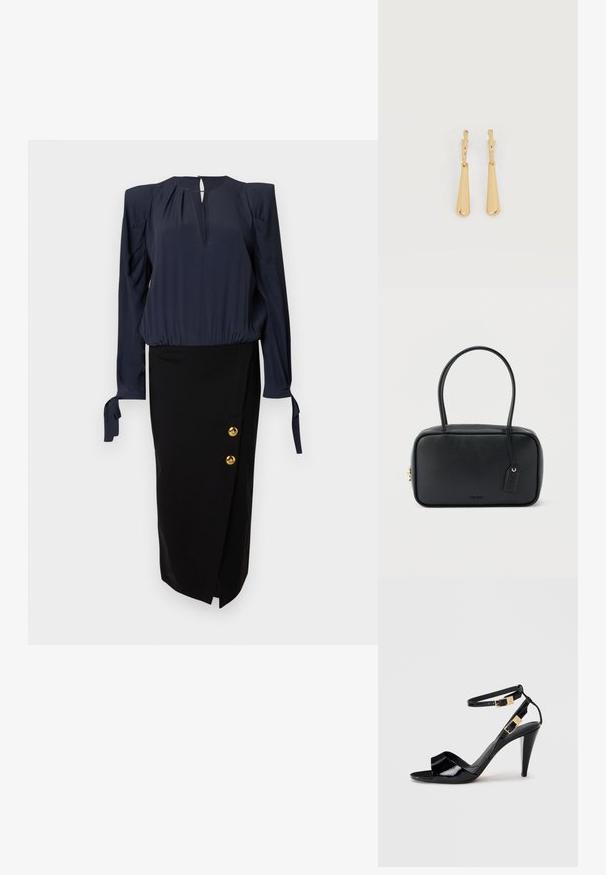 Marineblouse met pofmouwen en een keyhole-halslijn, gecombineerd met een zwarte kokerrok met gouden knoopaccenten aan de zijkant.; Zwart lakleren hoge hak sandaal met dubbele enkelbandjes en gouden gespen, open teen en slanke, taps toelopende hak op een neutrale achtergrond.; Zwarte rechthoekige handtas met dubbele afgeronde handvaten, gouden ritssluiting en geperst "HUGO" logo aan de voorkant met een aangehecht lederen label.; Oorbellen in goudkleur met glanzende, langgerekte druppelvormige hangers die aan kleine oorringen hangen, op een witte achtergrond.
