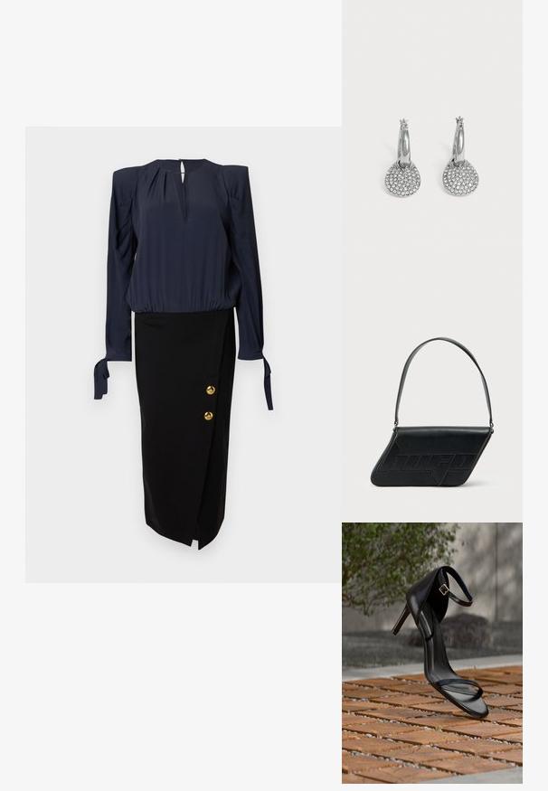 Marineblouse met pofmouwen en een keyhole-halslijn, gecombineerd met een zwarte kokerrok met gouden knoopaccenten aan de zijkant.; Zwarte hoge hak sandaal met enkelbandje zweeft boven een houten tegelvloer buiten, met een onscherpe groene en stenen achtergrond.; Zwarte leren schoudertas met een driehoekige vorm, geperst logo en een enkele verstelbare riem. Minimalistisch ontwerp met een gladde textuur.; Zilveren creolen met ronde, platte hangers bezet met kleine heldere kristallen op een effen lichte achtergrond.
