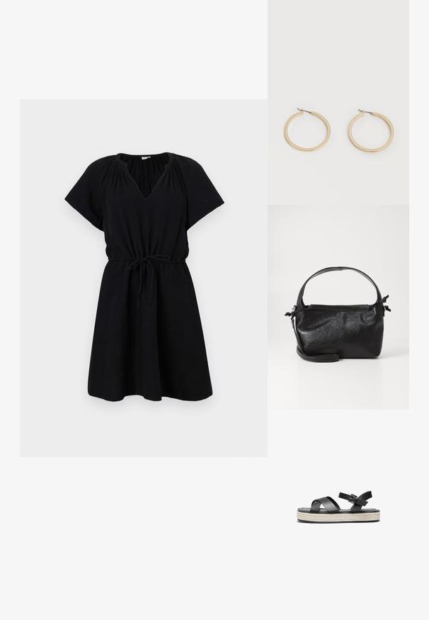 Robe noire à manches courtes, décolleté en V, taille élastique avec cordon de serrage, et jupe évasée fluide. Fabriquée en tissu léger.; Sandales à plateforme en cuir noir avec des lanières croisées, boucle de cheville ajustable et semelle en jute. Semelle extérieure en caoutchouc plat pour plus d'adhérence.; Sac à main en cuir noir au design structuré, avec une poignée arrondie et une bandoulière amovible. Présente une texture lisse et un éclat subtil.; Paire de boucles d'oreilles créoles moyennes lisses ton or avec fermoirs à charnière sur fond clair uni.