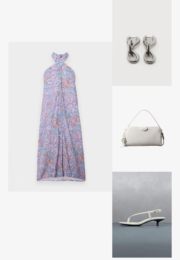 Maxi-jurk met halternekontwerp in lichtblauwe stof, met een bloemenpatroon in lavendel, oranje en groen. Knoopsluiting aan de voorkant.; Witte sandaal met smalle bandjes en kitten heel, met een spitse neus, zwevend boven een houten tegelvloer buiten, met op de achtergrond een wazige plant en muur.; Witte rechthoekige Calvin Klein handtas met enkele handgreep, minimalistisch ontwerp en decoratieve kwastjes met geometrische metalen hanger aan de zijkant.; Set zilverkleurige metalen oorbellen met een abstract ontwerp van in elkaar grijpende lussen op een witte achtergrond.