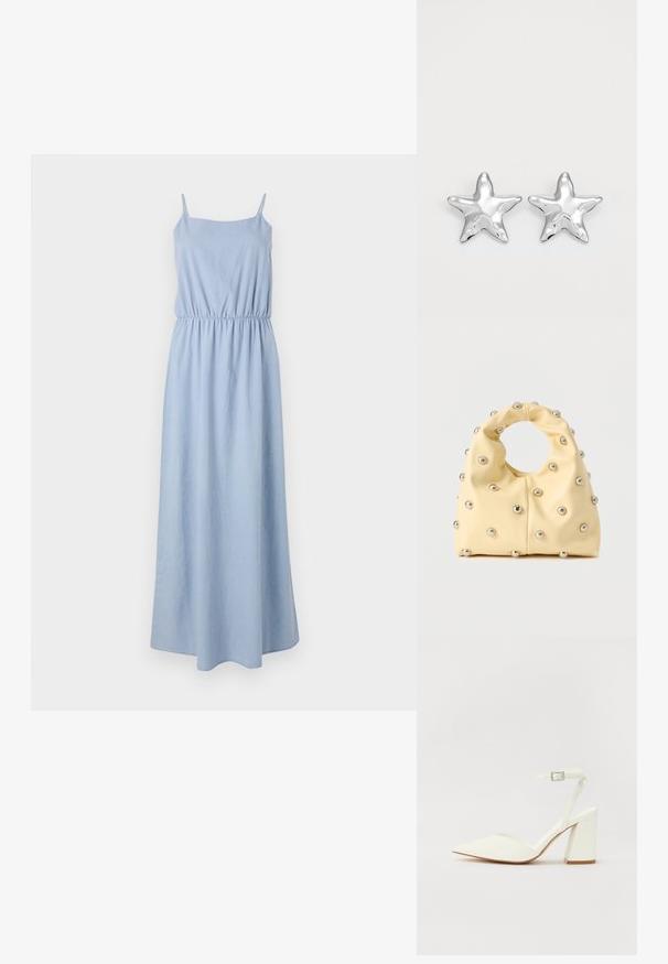 Lichtblauwe maxi-jurk met dunne bandjes, elastische taille en een gladde textuur. Vloerlange ontwerp met een eenvoudige, minimalistische stijl.; Witte hakken sandaal met een puntige neus, verstelbaar enkelbandje en een stevige vierkante hak. Gladde textuur met minimale stiksels.; Zachte gele handtas met een ronde handgreep, versierd met gelijkmatig geplaatste kleine zilveren metalen studs op een glad oppervlak.; Zilveren stervormige oorbellen met een gepolijste, glanzende afwerking. Elke oorbel heeft vijf punten en subtiele textuurdetails op het oppervlak.