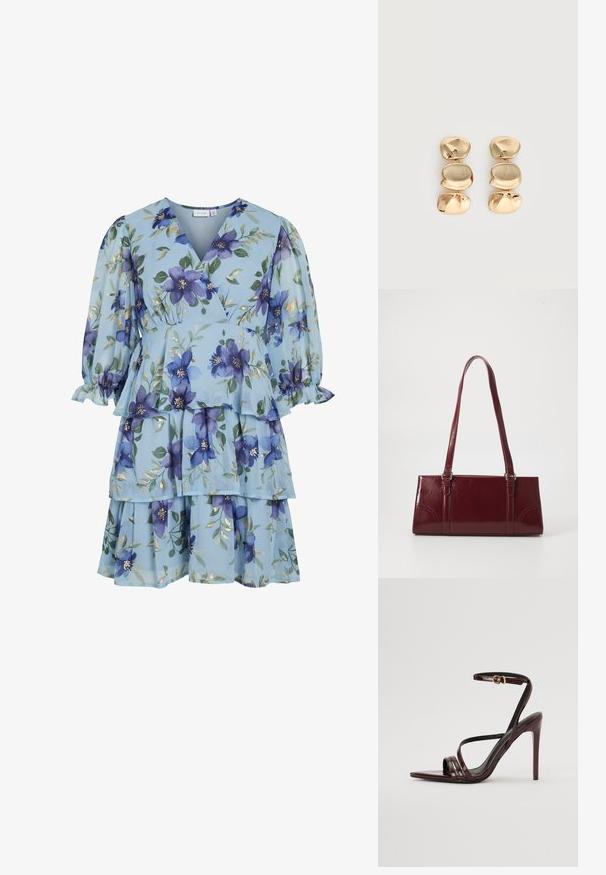 Robe fleurie bleu clair avec des fleurs violettes, des feuilles vertes, des accents dorés, jupe à étages, manches longues bouffantes et style cache-cœur à col en V.; Sandale à talons hauts en cuir verni bourgogne avec une bride de cheville, bout pointu et trois bandes horizontales sur le pied. Détail de boucle dorée.; Sac à main bordeaux en matériau brillant, de forme rectangulaire, avec deux anses et des accents légèrement courbés à l'avant.; Boucles d’oreilles pendantes ton or avec trois segments irréguliers, lisses et arrondis empilés verticalement sur un fond clair uni.