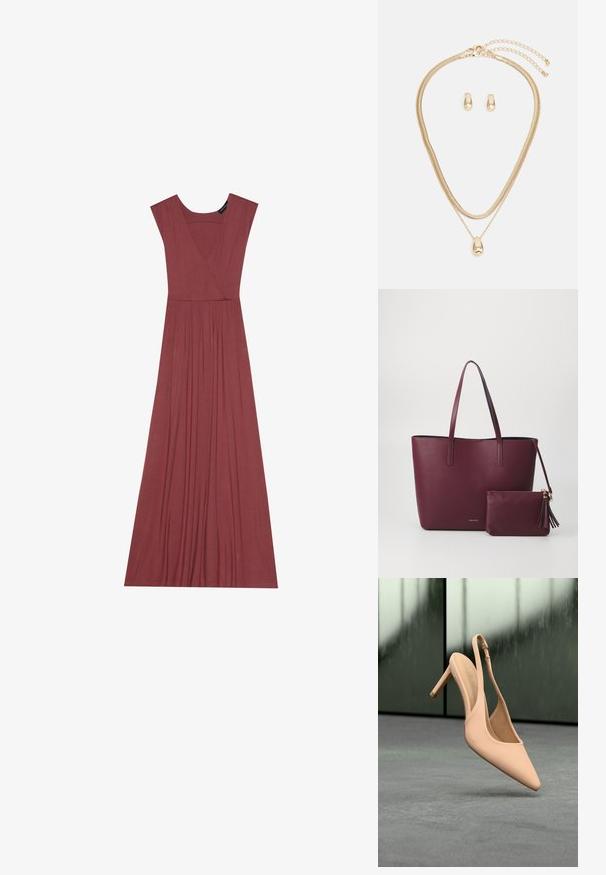 Robe longue sans manches de couleur rose muted. Elle présente un décolleté en V, une taille plissée et un tissu léger et doux. Design uni, sans motifs.; Chaussure à talon haut beige à bout pointu et bride arrière, suspendue au-dessus d'une surface grise texturée avec un fond vert flou.; Sac fourre-tout en cuir vegan bordeaux avec deux poignées robustes, comprenant une pochette zippée assortie avec un accent de breloque. Fini lisse et texturé.; Ensemble de bijoux en or comprenant un collier superposé avec un pendentif en forme de goutte et des boucles d'oreilles créoles assorties, le tout avec une finition polie.