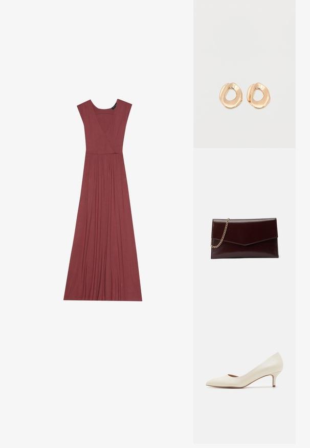 Robe longue sans manches de couleur rose muted. Elle présente un décolleté en V, une taille plissée et un tissu léger et doux. Design uni, sans motifs.; Escarpin beige à petit talon avec un bout pointu et un dessus lisse et brillant. Présente une subtile découpe le long de la voûte et un talon fin et effilé.; Sac à main en cuir de couleur bordeaux foncé avec un design en forme d'enveloppe. Il dispose d'une anse en chaîne dorée, d'une texture lisse et d'une fermeture en pointe.; Paired boucles d'oreilles en métal doré poli de forme irrégulière avec un centre ouvert sur un fond blanc uni.