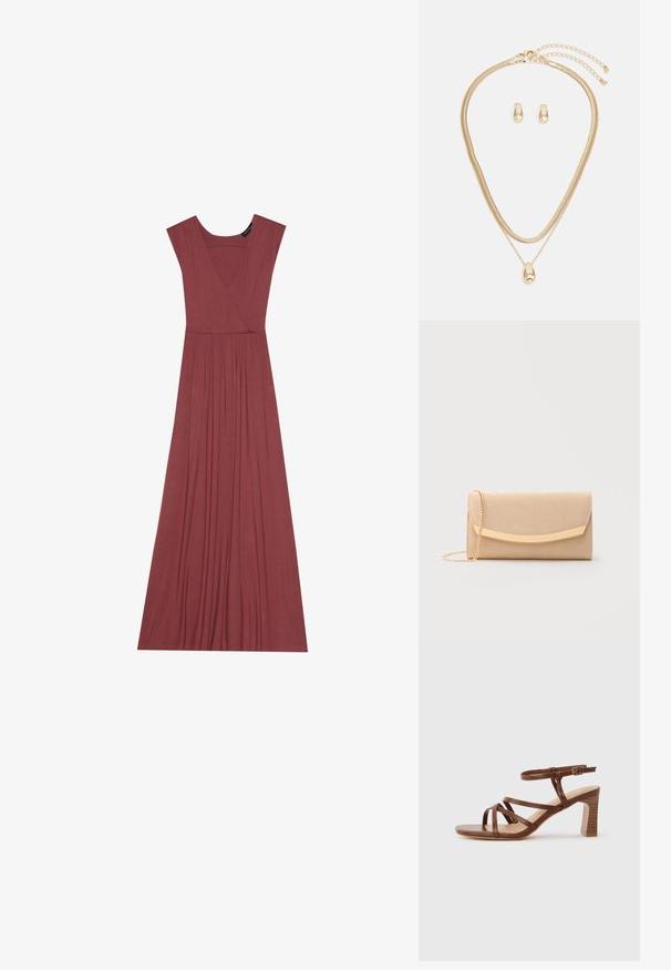 Vestido largo sin mangas en color rosa suave. Presenta un escote en V, cintura con pliegues y una tela suave y ligera. Diseño sólido, sin estampados.; Sandalia marrón de cuero con tiras, tacón de bloque y hebilla ajustable en el tobillo sobre un fondo claro y liso.; Bolso de mano rectangular beige con un broche dorado curvado y una correa fina de cadena dorada sobre un fondo claro.; Conjunto de joyería de oro que incluye un collar de capas con un colgante en forma de gota y pendientes de botón a juego, todo con un acabado pulido.