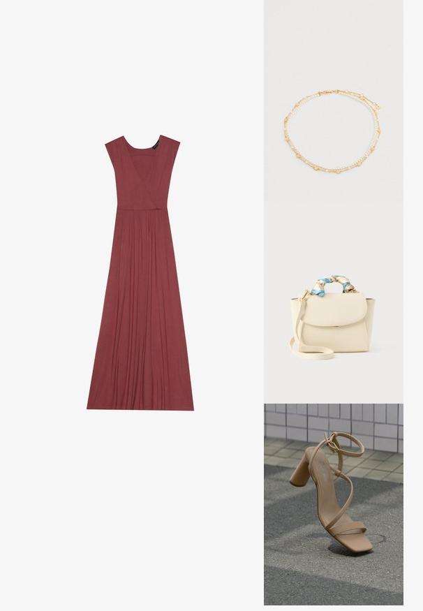 Long, sleeveless dress in muted rose color. Features a V-neck, pleated waistline, and smooth, lightweight fabric. Solid design, no patterns.; Beige strappy high-heeled sandal with block heel floating above asphalt surface near tiled wall background.; Cream handbag with flap closure, detachable shoulder strap, and twisted blue and cream floral fabric wrapped around the top handle.; Gold-tone layered necklace with pearl embellishments and star-shaped accents. Features multiple chains with varying lengths and textures.