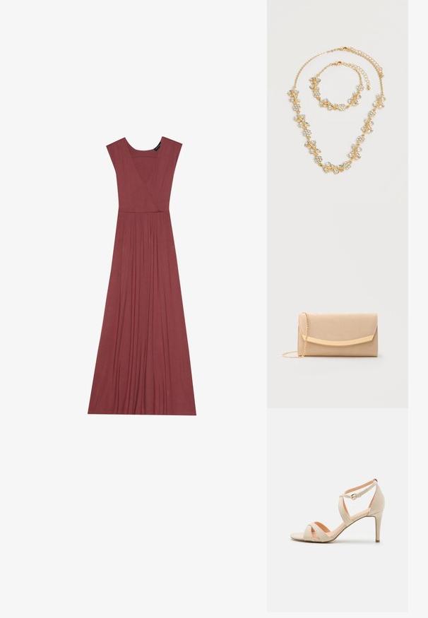 Vestido largo sin mangas en color rosa suave. Presenta un escote en V, cintura con pliegues y una tela suave y ligera. Diseño sólido, sin estampados.; Sanda en tacón alto de ante beige con puntera abierta, diseño de tiras entrelazadas y correa al tobillo con un hebilla en tono dorado.; Bolso de mano rectangular beige con un broche dorado curvado y una correa fina de cadena dorada sobre un fondo claro.; Juego de collar y pulsera en tono dorado con diseños florales y de hojas de cristal claro, ambos con cierres de cadena ajustables sobre un fondo blanco.