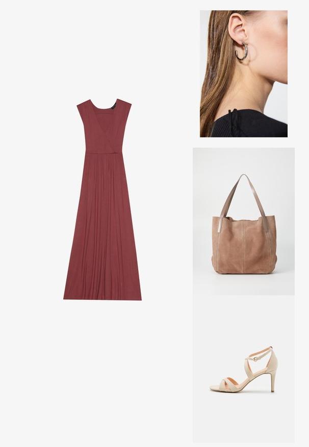 Long, sleeveless dress in muted rose color. Features a V-neck, pleated waistline, and smooth, lightweight fabric. Solid design, no patterns.; Beige suede high-heeled sandal with an open toe, crisscross strap design, and ankle strap featuring a gold-tone buckle.; Anna Field LEATHER - Tote bag - taupe; Silver hoop earring with a polished finish, featuring small gold accent details and a round shape, worn on the lobe.