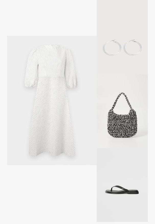 Robe blanche avec des rayures noires verticales et diagonales, encolure ronde et manches courtes bouffantes, fabriquée dans un tissu léger et lisse.; Tongs noires en cuir lisse, avec un design de sangle fine et une semelle plate à profil minimal. Aucun motif ou accent notables.; Sac en osier noir et blanc de forme arrondie, avec une surface texturée et une poignée tressée. Convient à un usage décontracté.; Paire de boucles d'oreilles créoles argentées brillantes avec fermoirs en fil fin, présentée sur un fond gris clair.
