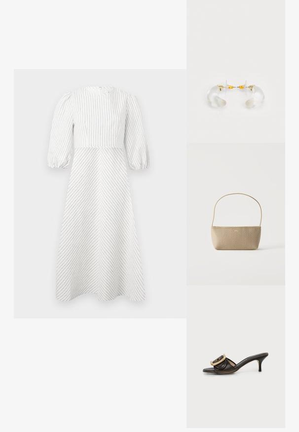 Robe blanche avec des rayures noires verticales et diagonales, encolure ronde et manches courtes bouffantes, fabriquée dans un tissu léger et lisse.; Mule noire en cuir à bout ouvert, talon stiletto bas et grande boucle dorée sur la bride supérieure.; Sac à main tissé beige avec fine bandoulière et petit logo doré "BOSS" à l'avant, présenté sur fond blanc uni.; Boucles d'oreilles en acrylique transparent avec accents dorés, présentant un design incurvé et un fermoir transparent. Texture lisse, style minimaliste.
