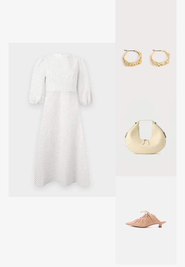Robe blanche avec des rayures noires verticales et diagonales, encolure ronde et manches courtes bouffantes, fabriquée dans un tissu léger et lisse.; Mule pour femme en cuir beige avec bout pointu, dessus froncé, lien de serrage et petit talon kitten, sur fond blanc.; Sac à main beige en forme de croissant avec fermeture à double fermeture éclair et poignée courte, avec des détails en métal argenté sur les côtés.; Paire de boucles d’oreilles créoles couleur or avec embossage floral et feuillage orné sur un fond neutre.