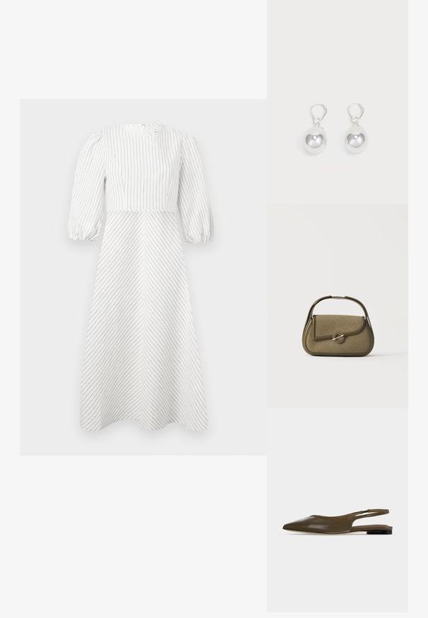 White dress with vertical and diagonal black stripes, round neckline, and short puffed sleeves, made from a light, smooth fabric.; Olive green pointed-toe slingback flat shoe with a low black heel and a smooth, shiny finish.; Small olive green handbag with rounded edges, a top handle, and a flap closure secured by a circular metal clasp.; Silver drop earrings with smooth, round, reflective surfaces hanging from lever-back clasps. Background is plain white.