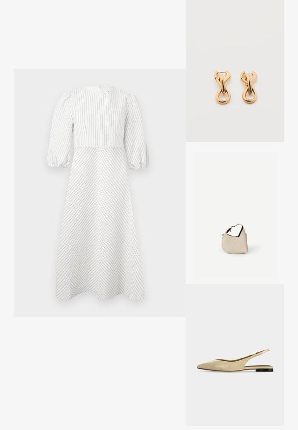 Robe blanche avec des rayures noires verticales et diagonales, encolure ronde et manches courtes bouffantes, fabriquée dans un tissu léger et lisse.; Chaussure plate beige à bout pointu avec bride arrière, petit talon noir et finition en cuir lisse, vue de côté sur un fond uni.; Sac à main en cuir beige en forme de croissant avec une seule bandoulière et des coutures minimalistes, posé sur un fond blanc uni.; Paire de boucles d'oreilles créoles en bouclettes dorées brillantes sur fond blanc uni, présentant un design torsadé entrelacé.
