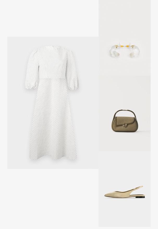 Robe blanche avec des rayures noires verticales et diagonales, encolure ronde et manches courtes bouffantes, fabriquée dans un tissu léger et lisse.; Chaussure plate beige à bout pointu avec bride arrière, petit talon noir et finition en cuir lisse, vue de côté sur un fond uni.; Petit sac à main vert olive avec des bords arrondis, une poignée supérieure et une fermeture à rabat sécurisée par un fermoir métallique circulaire.; Boucles d'oreilles en acrylique transparent avec accents dorés, présentant un design incurvé et un fermoir transparent. Texture lisse, style minimaliste.