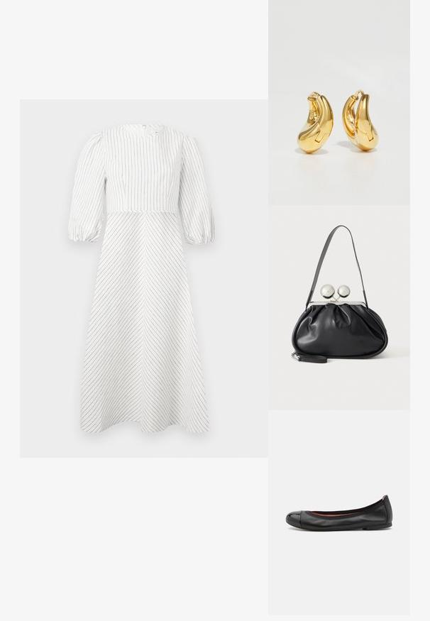 White dress with vertical and diagonal black stripes, round neckline, and short puffed sleeves, made from a light, smooth fabric.; Black leather ballet flat with a rounded toe and glossy cap detail. Features a smooth texture and subtle stitching along the upper edge.; Black leather handbag with a gathered design, single strap, silver metal frame, and two large round silver clasp closures.; Gold hoop earrings with a smooth, curved shape and polished finish. Features a clasping mechanism and slight indentations for detail.