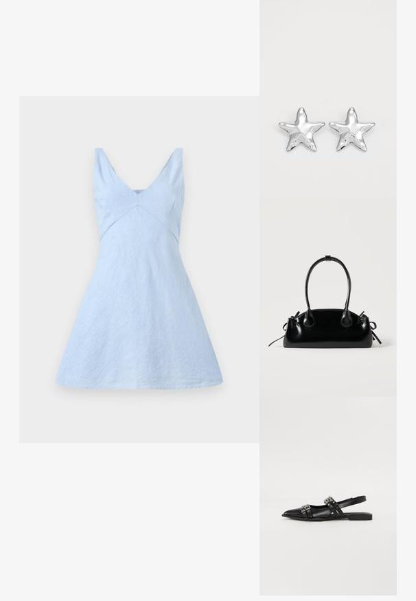 Lichtblauwe linnen jurk met een v-hals, getailleerde bodice en uitlopende rok. Heeft een subtiele textuur en strakke lijnen. Geen zichtbare hardware of patronen.; Even&Odd by Zalando Slingback ballerina´s - black; Kleine zwarte glanzende handtas met twee lange hengsels en zijkant trekkoord details op een effen lichte achtergrond.; Zilveren stervormige oorbellen met een gepolijste, glanzende afwerking. Elke oorbel heeft vijf punten en subtiele textuurdetails op het oppervlak.