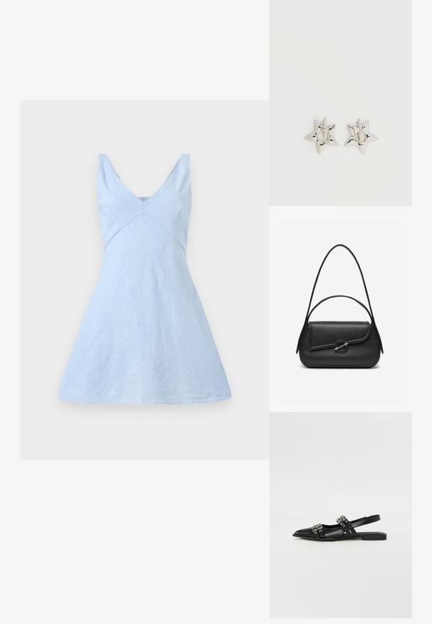 Lysblå linnedragt med v-udskæring, tætsiddende overdel og udvidet skørt. Har subtil tekstur og rene linjer. Ingen synlige metaldele eller mønstre.; Even&Odd by Zalando Slingback-ballerinasko - black; Sort læderhåndtaske med afrundede kanter, asymmetrisk klap, metalcirkulært spænde samt både korte og lange skulderstropper.; Sølv stjerneformede øreringe med en glat, poleret finish på en ensfarvet hvid baggrund.