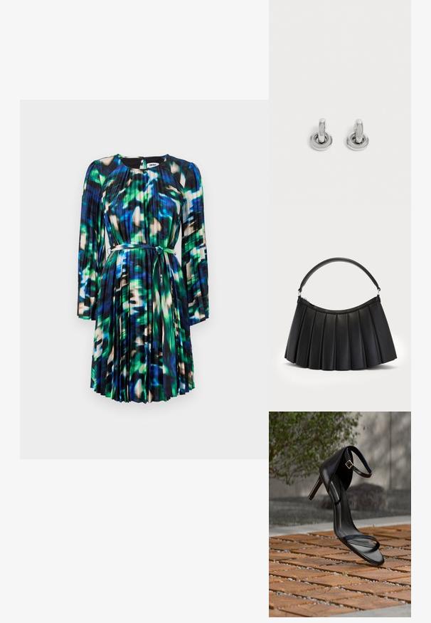 Vestido de manga corta con un patrón abstracto en azul y verde, pliegues y un cinturón de tela. Textura suave y diseño de escote redondo.; Sandalia negra de tacón alto con correa en el tobillo, parece suspendida sobre un suelo de baldosas de madera al aire libre, con un fondo difuminado de vegetación y piedra.; Bolso negro plisado hecho de cuero sintético, con un asa curva y cierre superior con cremallera. Textura suave con un diseño estructurado.; Par de pequeños pendientes de aro plateados brillantes con base redonda, exhibidos sobre un fondo claro y liso.