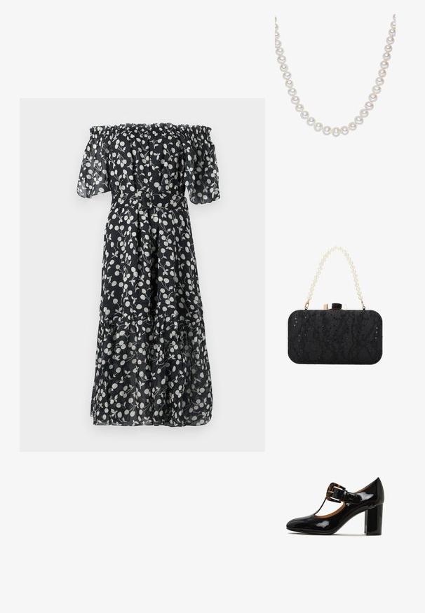 Zwarte off-the-shoulder jurk met een wit bloemenpatroon, korte gerimpelde mouwen, een taille die aangehaald is en een gelaagde zoom. Gemaakt van lichtgewicht, doorschijnende stof.; Zwart gepatineerd leren hoge hak schoen met een ronde neus, T-band ontwerp en een schildpaddenpanser gespaccent op de bovenkant. Blokhak.; Zwarte rechthoekige clutch met pailletten- en kanten textuur, parelbedekte handgreep en een goudkleurige sluiting bovenop.; Een rij ronde, witte parels met een gladde oppervlakte, gelijkmatig verdeeld, die een subtiele glans en zachte glinstering tonen tegen een witte achtergrond.