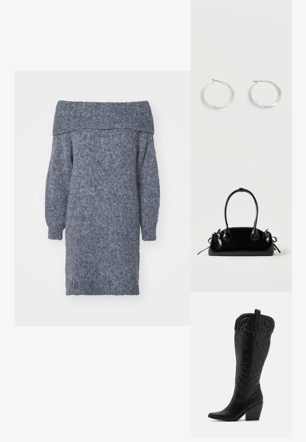 Robe tricotée à épaule dégagée en fil grège doux et texturé. Dispose de manches bouffantes et d'une silhouette décontractée.; Bottes hautes en cuir noir jusqu'aux genoux avec bout pointu et talon empilé. Caractéristiques de coutures décoratives et éléments de design courbés.; Petit sac à main noir brillant avec deux longues anses et des détails à cordon sur les côtés sur un fond clair uni.; Boucles d’oreilles créoles en métal argenté avec une surface lisse légèrement incurvée et des fermoirs à clapet sur un fond blanc uni.