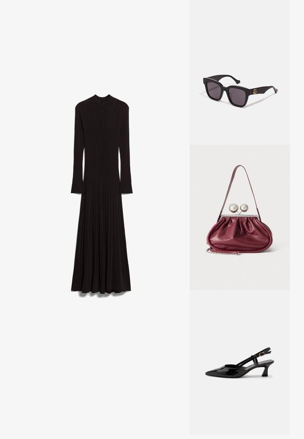 Longue robe noire avec une texture côtelée, un col montant et des manches longues évasées. Présente un corsage ajusté qui se transforme en une jupe fluide.; Chaussure slingback en cuir verni noir à petit talon, bout pointu et bride réglable avec boucle dorée sur fond blanc.; Lunettes de soleil carrées noires avec des verres foncés. Monture mate ornée d'accents de logo dorés sur la branche. Design élégant avec des branches épaisses.; Petit sac à main en cuir bordeaux avec des détails froncés, une fine bandoulière et une fermeture argentée comportant deux gros boutons ronds.