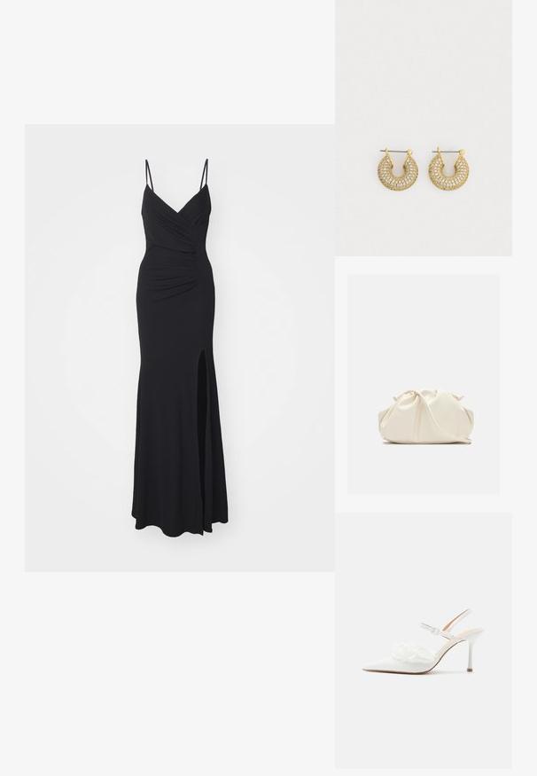 Schwarzes Abendkleid mit schmalen, verstellbaren Trägern, einem V-Ausschnitt, Raffung am Oberteil und einem hochgeschlitzten Saum auf einer Seite. Hergestellt aus elastischem Stoff.; Weißer High Heel mit spitz zulaufender Spitze, Slingback und Knöchelriemen sowie dekorativer Perlen- und Spitzenverzierung auf der Vorderseite.; Weiche, cremefarbene Leder-Clutch mit gerafftem Design und einem dünnen Schulterriemen, der vorne auf einem schlichten Hintergrund liegt.; Goldfarbene Creolen, verziert mit kleinen klaren Steinen, in runder Form und mit strukturierter Oberfläche für zusätzlichen Glanz.