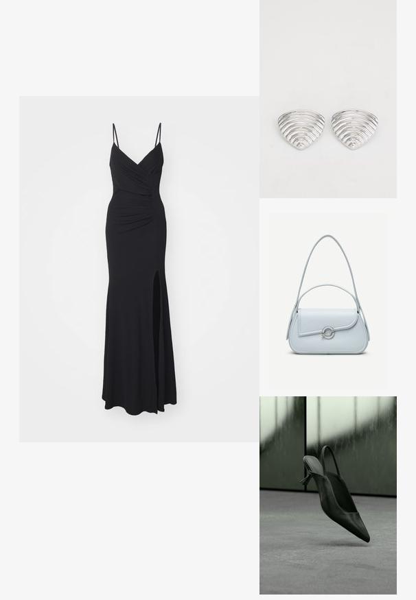 Schwarzes Abendkleid mit schmalen, verstellbaren Trägern, einem V-Ausschnitt, Raffung am Oberteil und einem hochgeschlitzten Saum auf einer Seite. Hergestellt aus elastischem Stoff.; Schwarzer Slingback-Highheel aus Leder mit spitzer Schuhspitze, schwebt über grauem Teppichboden, unscharfer grünlicher Wandhintergrund.; Hellblaue Lederhandtasche mit abgerundetem Überschlag, silbernem, rundem Verschluss und zwei Schulterriemen vor einfarbigem Hintergrund.; Ohrringe in Silberoptik mit einem wellenförmigen, strukturierten Design, das wie überlappende Halbmonden geformt ist; die polierte Oberfläche verstärkt die reflektierenden Eigenschaften.