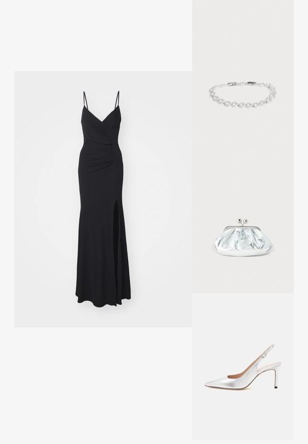Schwarzes Abendkleid mit schmalen, verstellbaren Trägern, einem V-Ausschnitt, Raffung am Oberteil und einem hochgeschlitzten Saum auf einer Seite. Hergestellt aus elastischem Stoff.; Silberner Slingback-Pumps mit spitzer Kappe, Schnallenriemen und schlankem, mittelhohem Absatz.; Kleine silberne Metallic-Clutch mit gerundetem, gerafftem Design und einem Verschluss mit zwei silbernen Kugeln.; Silbernes Armband mit kreisförmigen klaren Steinen, die in einem durchgehenden verbundenen Muster auf einem hellgrauen Hintergrund angeordnet sind.