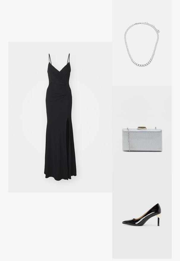 Schwarzes Abendkleid mit schmalen, verstellbaren Trägern, einem V-Ausschnitt, Raffung am Oberteil und einem hochgeschlitzten Saum auf einer Seite. Hergestellt aus elastischem Stoff.; Schwarzer Lackleder-High-Heel-Schuh mit spitzem Zehenbereich und Ausschnittdesign; mit einem eleganten goldenen Akzent am Absatz. Schlicht und elegant.; Rechteckige silberne Clutch aus strukturiertem Metallic-Stoff, mit einem Klappverschluss und einem abnehmbaren Kettenriemen zum Tragen.; Halskette in Silberoptik mit einer Reihe runder, klarer Steine, die eng zusammengefasst sind und mit einem Karabinerverschluss geschlossen werden.