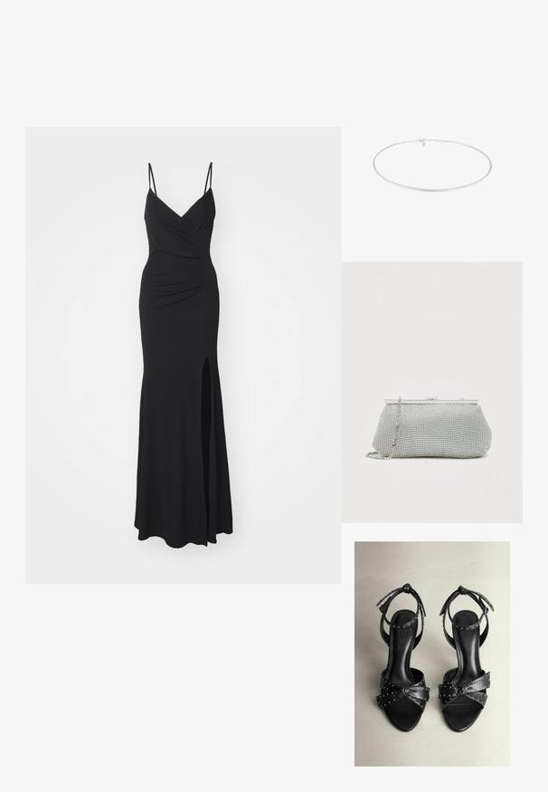 Schwarzes Abendkleid mit schmalen, verstellbaren Trägern, einem V-Ausschnitt, Raffung am Oberteil und einem hochgeschlitzten Saum auf einer Seite. Hergestellt aus elastischem Stoff.; Schwarze Leder-High-Heelsandalen mit einem geknoteten Schleifendetail, gestifteten Akzenten und dünnen Knöchelriemen. Quadratische Zehenpartie und glatte Textur.; Silberne Netz-Clutch mit runder Form, metallischem Rahmen und abnehmbarem Kettenriemen. Verfügt über funkelnde Details und eine glatte Textur.; Silberne Choker-Halskette mit minimalistischem Design. Sie zeichnet sich durch eine glatte, runde Form aus und verfügt über eine Kettenverlängerung für eine verstellbare Passform.