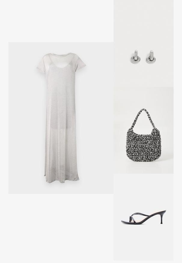 Robe longue en argent faite d'un tissu léger et transparent. Possède des manches courtes et un col arrondi. Design simple et fluide sans motifs.; Sandale à talon en cuir verni noir avec fines lanières croisées et talon aiguille moyen et élancé sur fond blanc.; Sac en osier noir et blanc de forme arrondie, avec une surface texturée et une poignée tressée. Convient à un usage décontracté.; Paire de petites boucles d'oreilles créoles argentées brillantes avec une base ronde, présentées sur un fond clair uni.