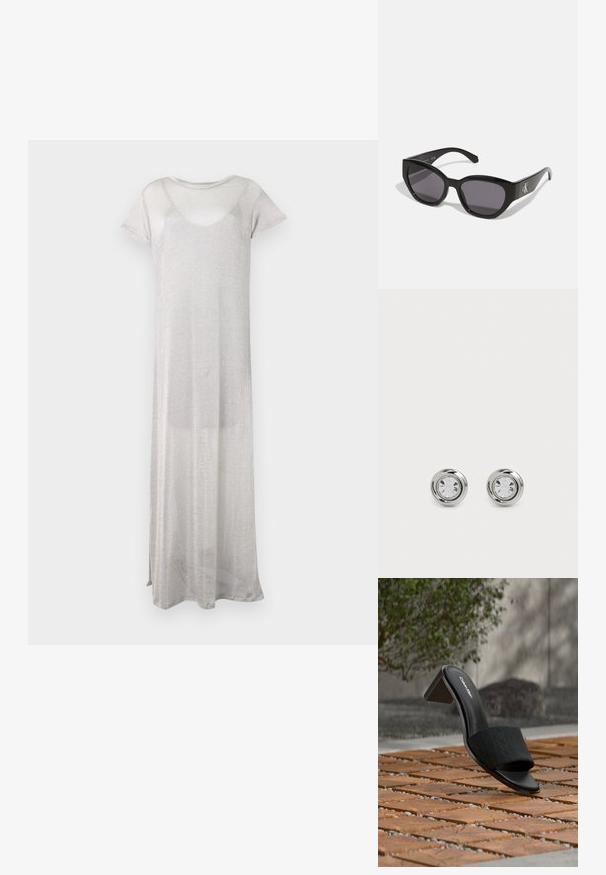 Largo vestido plateado hecho de una tela transparente y ligera. Presenta mangas cortas y un escote redondeado. Diseño simple y fluido sin patrones.; Mule negra de Calvin Klein con punta abierta y tacón grueso sobre suelo de baldosas de madera, en un entorno exterior con vegetación desenfocada y fondo de hormigón.; Gafas de sol negras con un diseño elegante y angular, lentes oscuros y un logo plateado en contraste en el lateral. Textura de plástico suave.; Pendientes de stud de metal plateado con cristales claros redondos, que presentan un acabado pulido suave y un diseño circular con bordes elevados sutiles.
