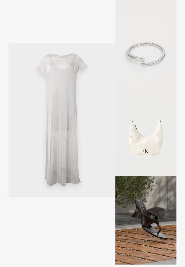 Langes silbernes Kleid aus sheer, leichtem Stoff. Hat kurze Ärmel und einen runden Ausschnitt. Einfaches, fließendes Design ohne Muster.; Braune Calvin Klein Sandalette mit Absatz und Zehensteg, schwebend über einem Boden aus Holzfliesen und Kies im Freien, mit verschwommenem Grün und Stein im Hintergrund.; Kleine weiße halbmondenförmige Handtasche mit kurzem Trageriemen, Reißverschluss und schwarzem "cK"-Logo auf der Vorderseite.; Calvin Klein SPIRAL - Armband - silver-coloured