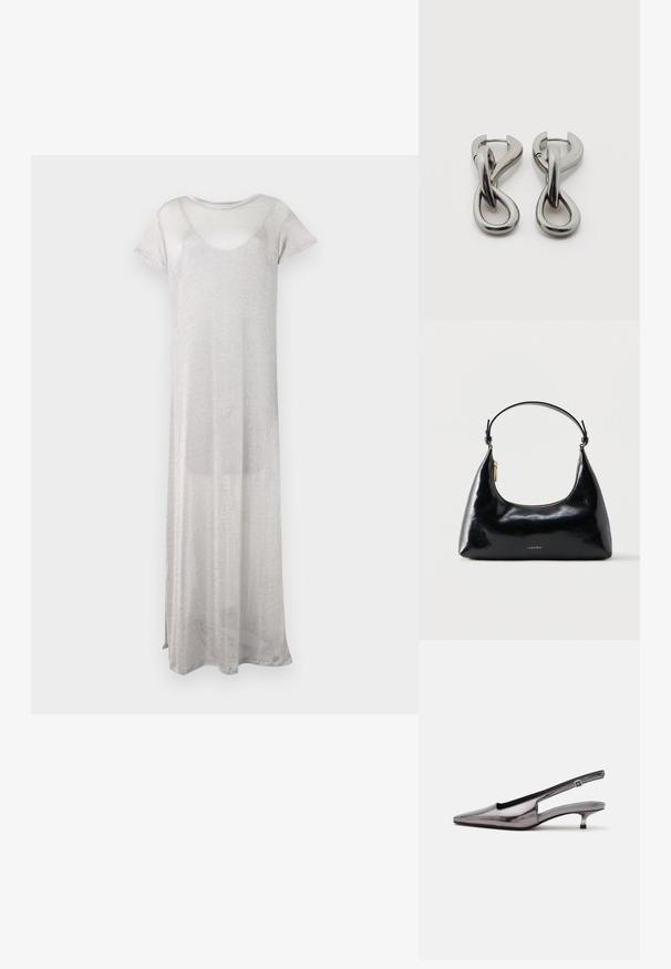 Langes silbernes Kleid aus sheer, leichtem Stoff. Hat kurze Ärmel und einen runden Ausschnitt. Einfaches, fließendes Design ohne Muster.; Metallic-grauer Slingback-Schuh mit spitzer Schuhspitze, niedrigem Kittenabsatz und verstellbarem Riemen auf weißem Hintergrund.; Schwarze, glänzende Calvin Klein Handtasche mit goldfarbenem Reißverschluss und kurzem Trageriemen vor schlichtem weißem Hintergrund.; Paar silberfarbene Metallohrringe mit abstraktem ineinandergreifendem Schlaufen-Design auf weißem Hintergrund.