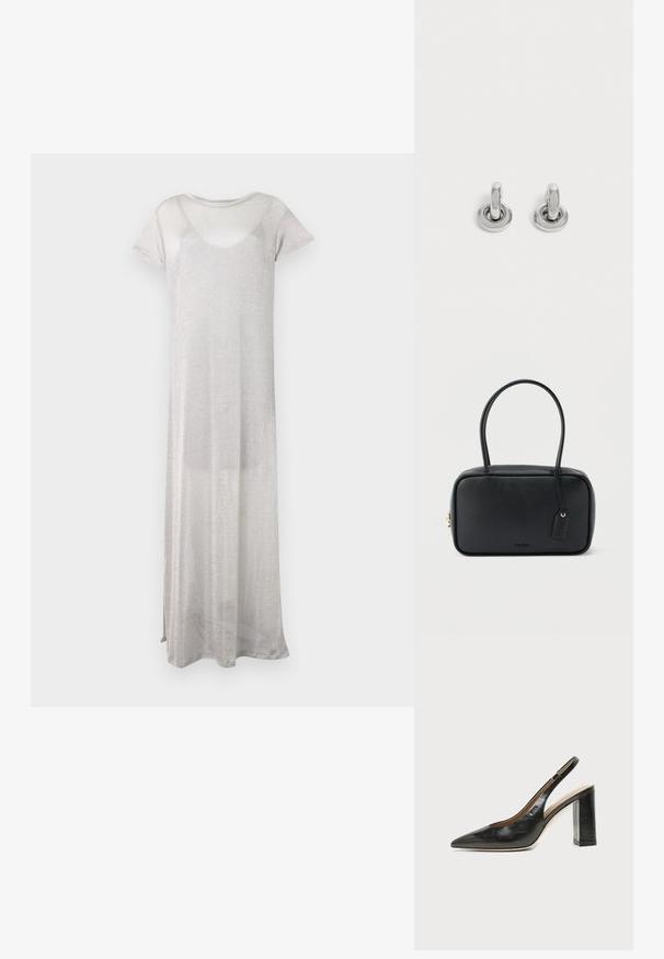 Largo vestido plateado hecho de una tela transparente y ligera. Presenta mangas cortas y un escote redondeado. Diseño simple y fluido sin patrones.; Zapato slingback de piel negra con puntera puntiaguda, tacón alto y ancho, y forro interior beige sobre un fondo claro y liso.; Bolso rectangular negro con asas dobles redondeadas, cremallera dorada y logo "HUGO" en relieve en el frente con etiqueta de cuero adjunta.; Par de pequeños pendientes de aro plateados brillantes con base redonda, exhibidos sobre un fondo claro y liso.