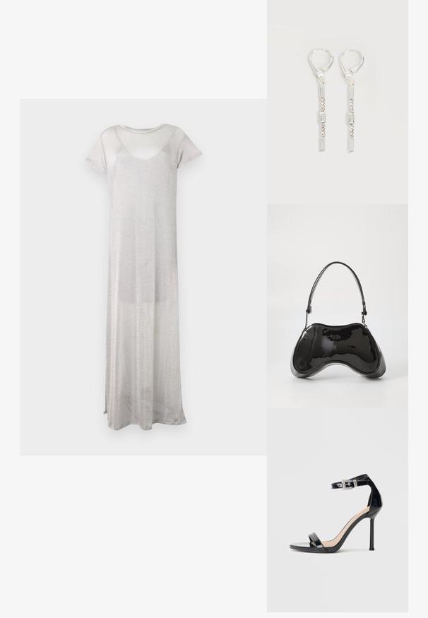 Robe longue en argent faite d'un tissu léger et transparent. Possède des manches courtes et un col arrondi. Design simple et fluide sans motifs.; Sandale à talon haut en cuir verni noir avec bride à la cheville. Présente un design minimaliste, un bout ouvert et une boucle ornée de strass.; Sac à main en cuir verni noir avec une forme incurvée unique, une anse courte et ajustable, et une fermeture zippée. Texture lisse avec un branding discret.; Boucles d'oreilles pendantes en argent avec des cristaux clairs rectangulaires et ronds alignés verticalement, sécurisées par des fermoirs à levier.
