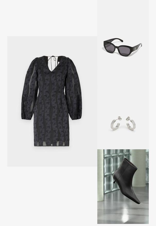 Vestido negro con mangas abullonadas, escote en V y textura con patrón ondulado. Hecho de una tela ligera con detalles transparentes a lo largo de los lados.; Bota de cuero negro para el tobillo con puntera puntiaguda y tacón pequeño, exhibida frente a una pared de bloques de vidrio y un suelo pulido.; Gafas de sol negras con un diseño elegante y angular, lentes oscuros y un logo plateado en contraste en el lateral. Textura de plástico suave.; Pendientes aros de metal plateado con un diseño texturizado, que cuentan con un pequeño respaldo de clip y una marca en uno de los aros. Forma redondeada con un acabado pulido.